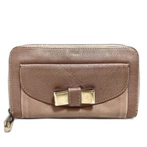 Chloe Pink Champagne Leather Zip‑Around Vintage Long Wallet w/ Gold Bow Accent